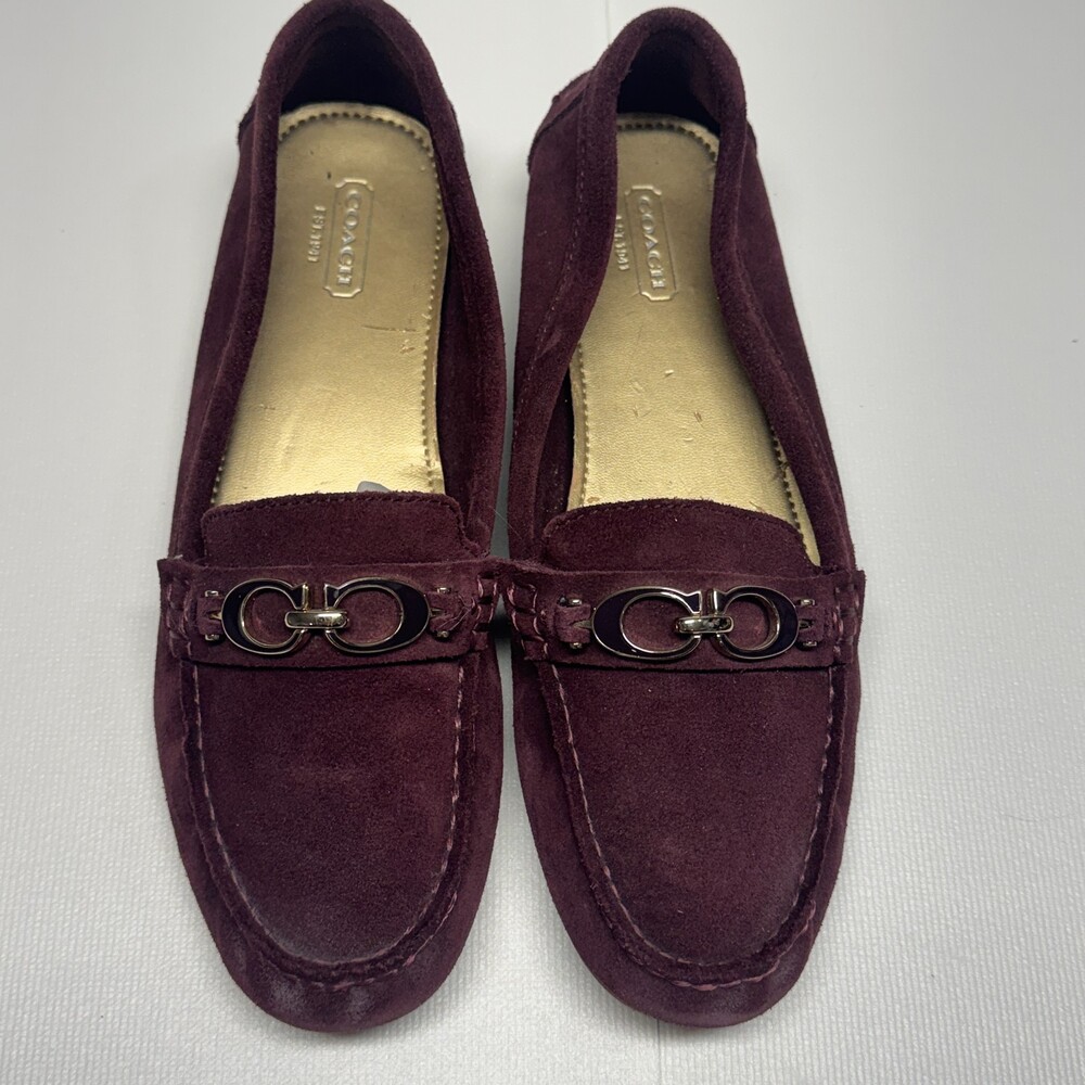 Coach Fortunata Burgundy Suede Gold Tone Horsebit Driver Loafers Womens 8.5B